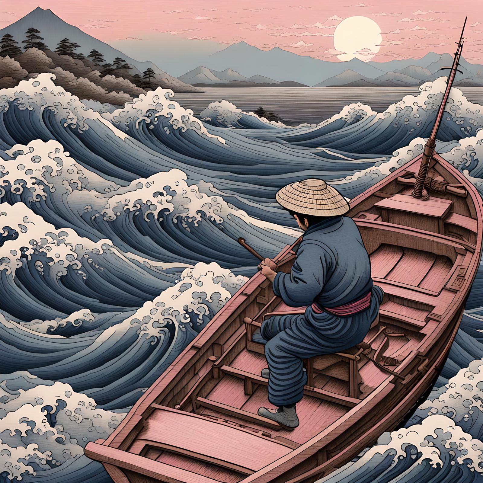 Japanese Fisherman on Boat: Ukiyo-e Style Print