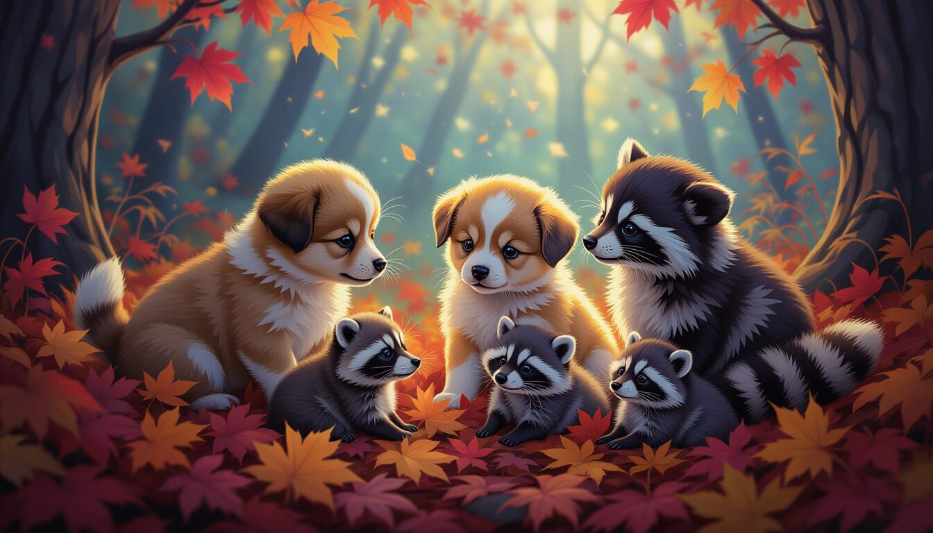 Cute Puppies and Raccoons in Autumn Leaves