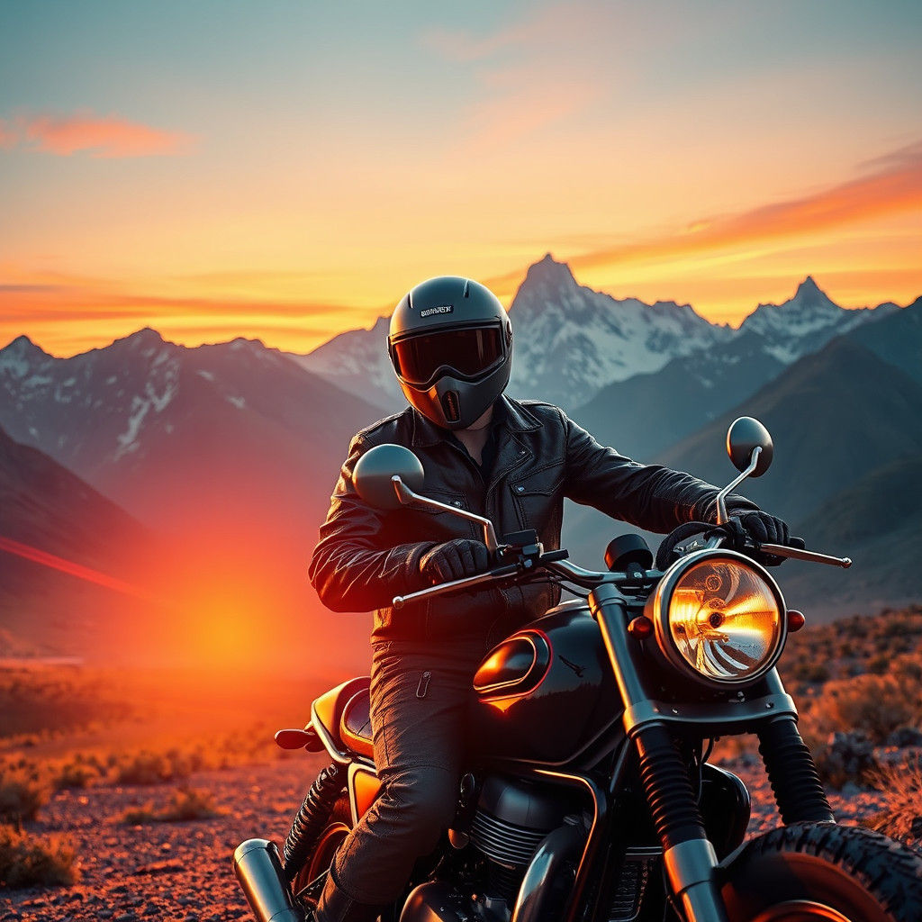 Biker at Sunset: Vintage Motorcycle and Mountain Views