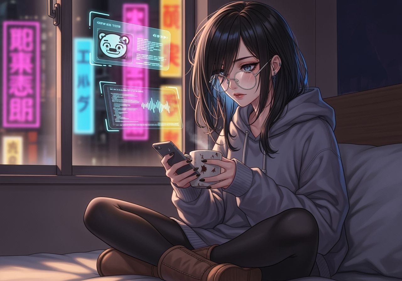 Saeko: Digital Witch Technomancer Barista in Neon Apartment