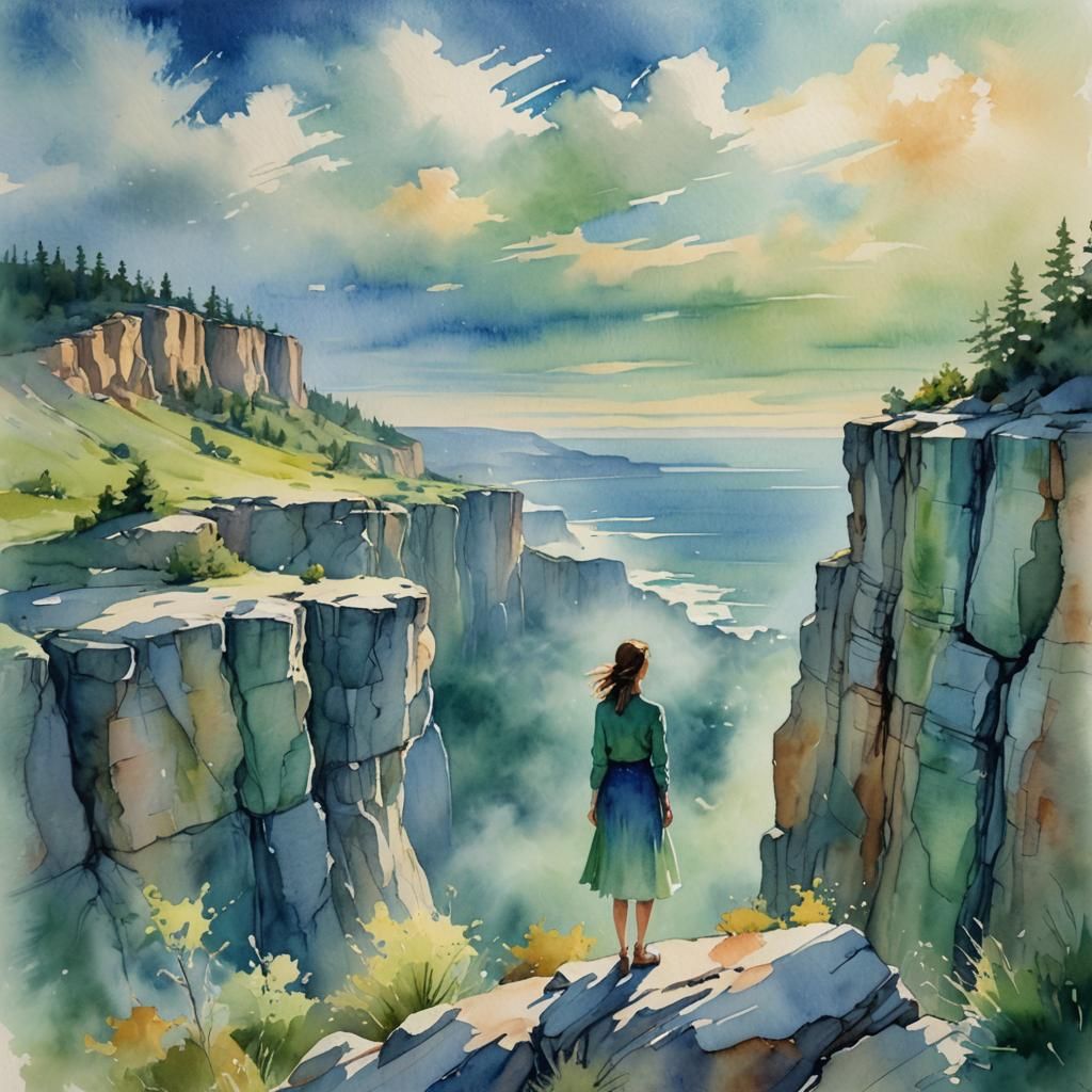 Ethereal Watercolor: Woman on Cliff's Edge