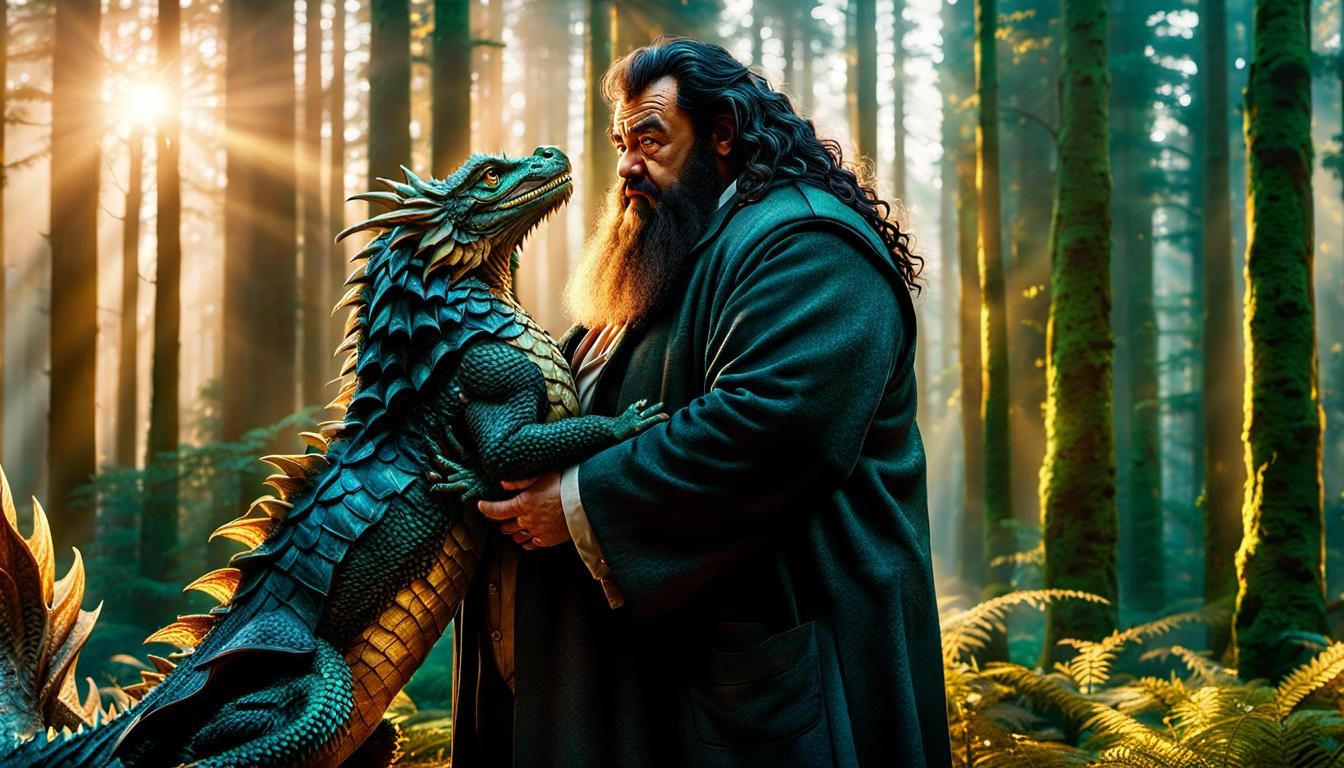 Hagrid and Dragon in Magical Hogwarts Forest