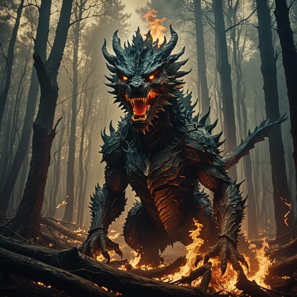 Fiery Dragon in Mystical Forest, Impasto Painting