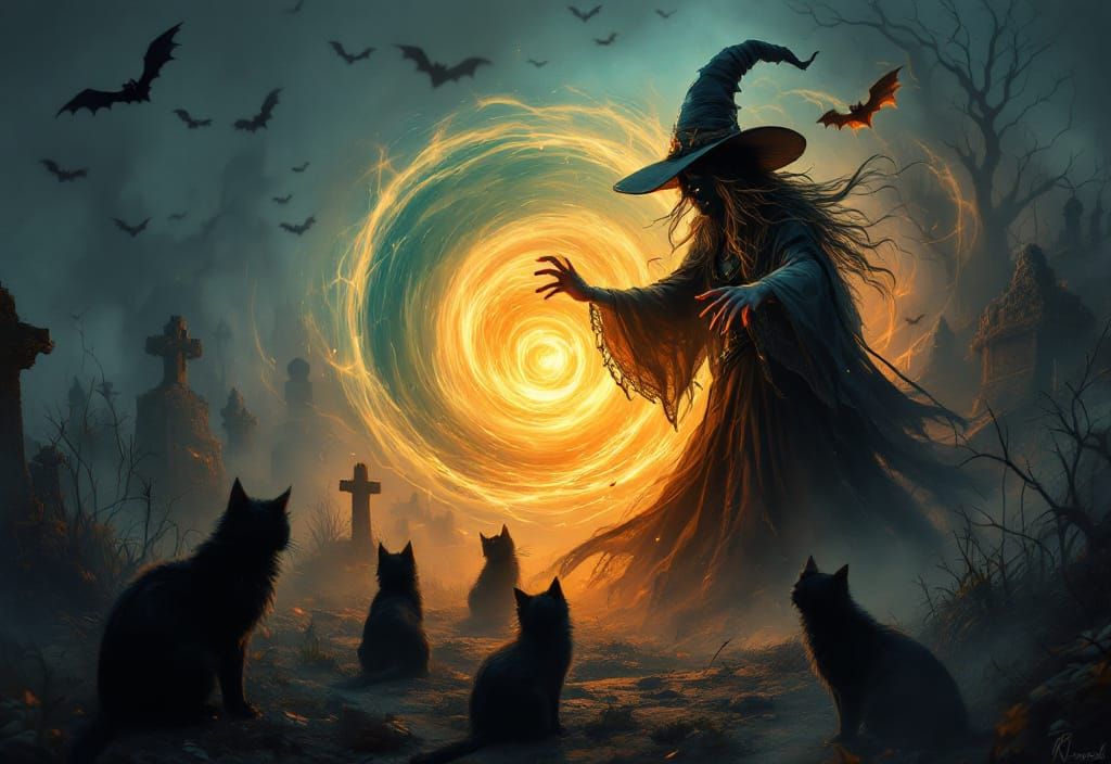 Halloween Witch Casting Spell in Cemetery