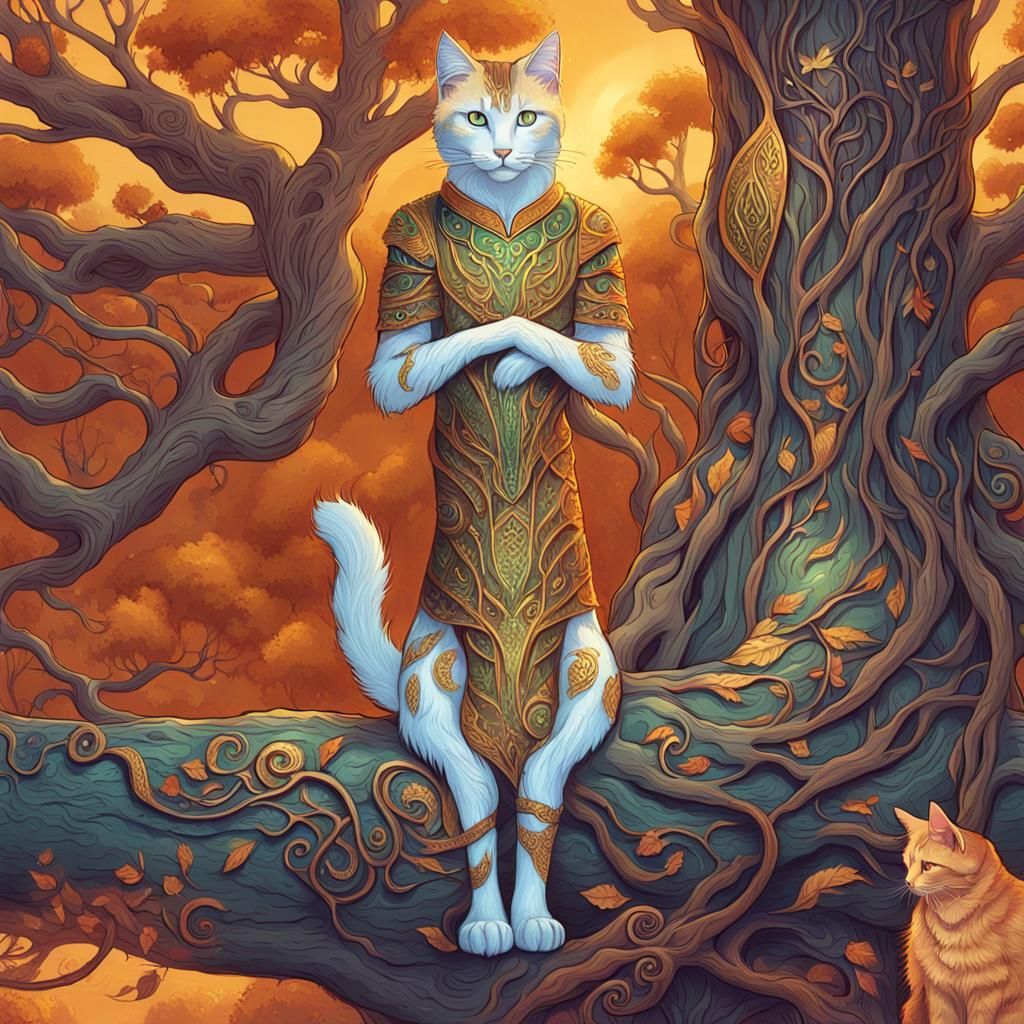Humanoid Cat in Fantasy Forest Concept Art
