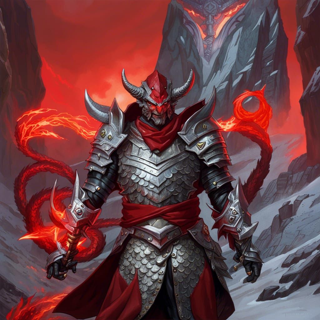 Sinister Silver Dragonborn Warlock with Red Accents