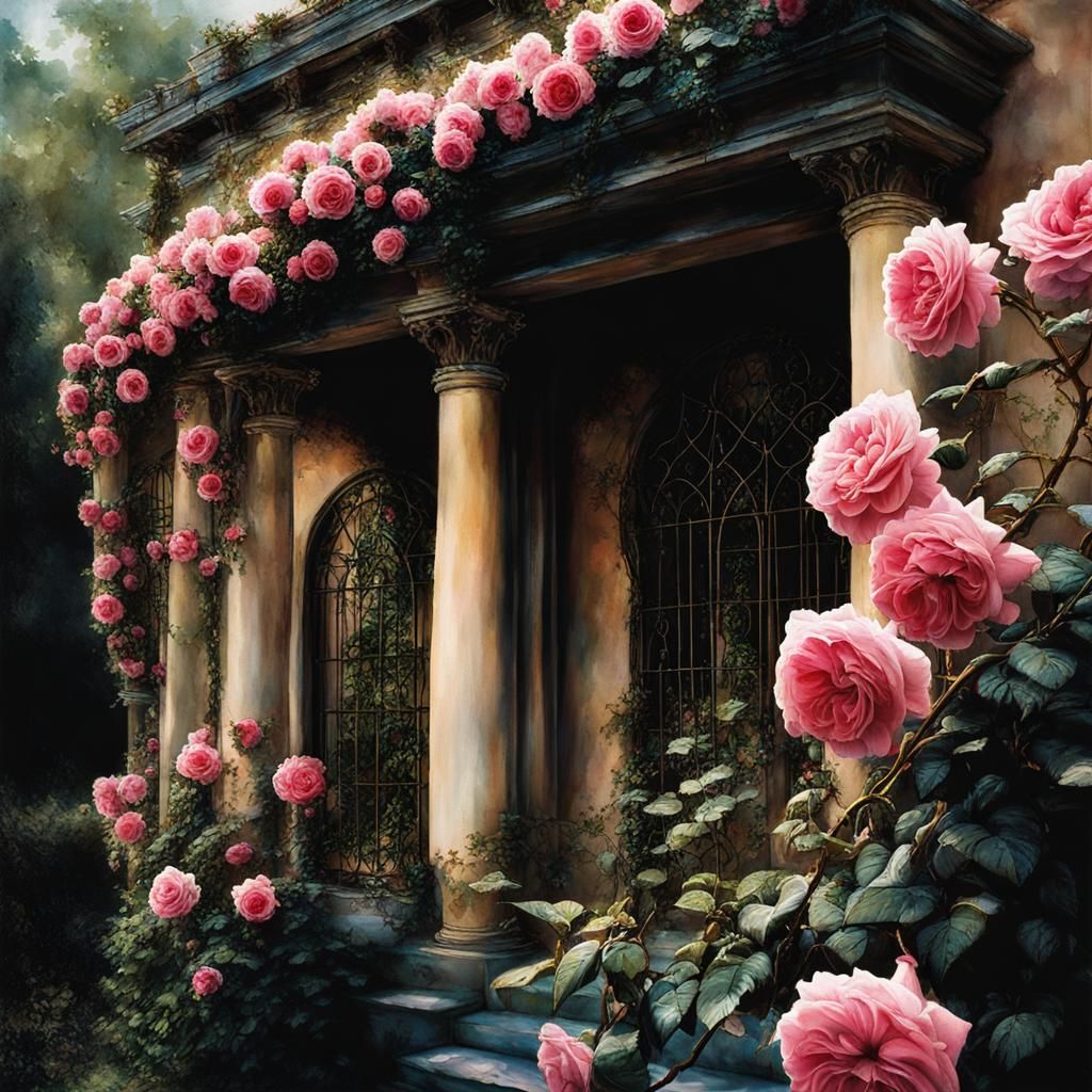 Pink Roses on Mansion Trellis: Watercolor Painting