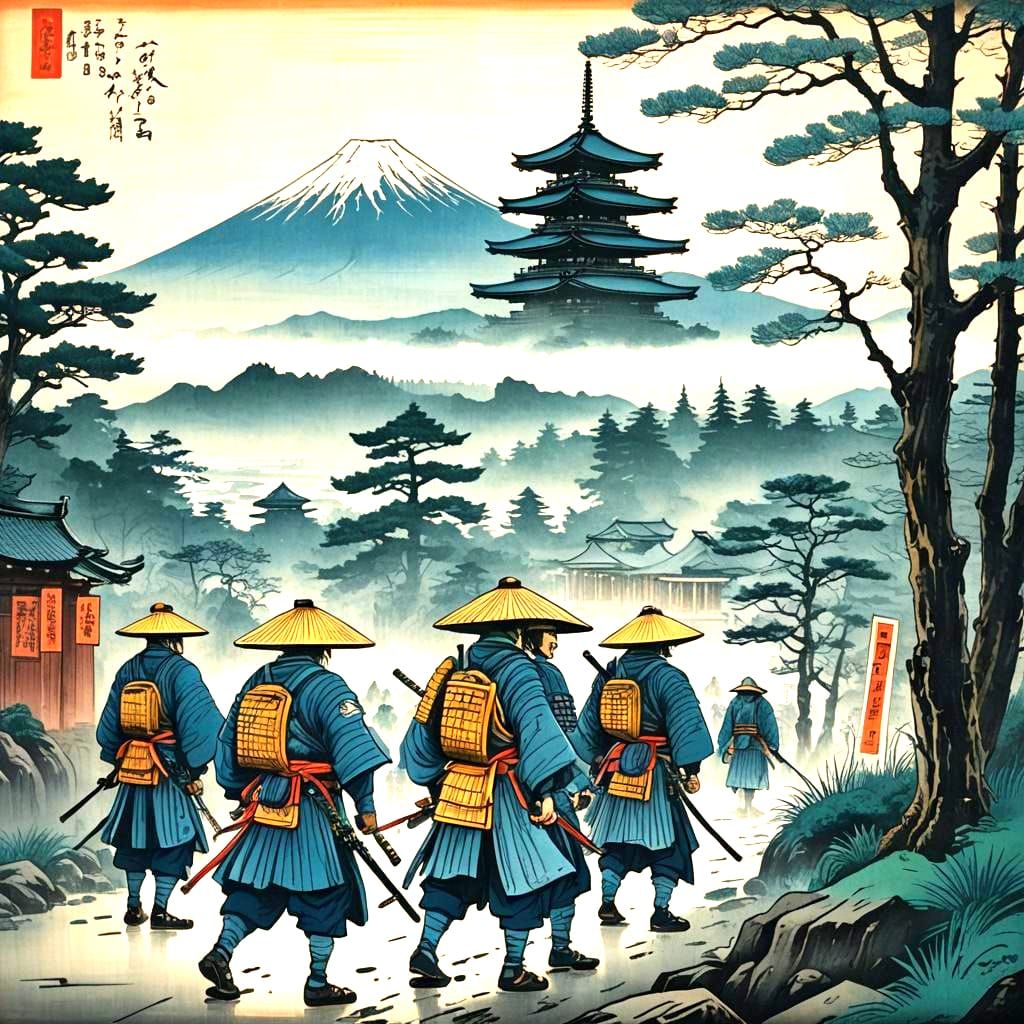 Samurai Troop Near Temple: Ukiyo-e Style Woodblock Print