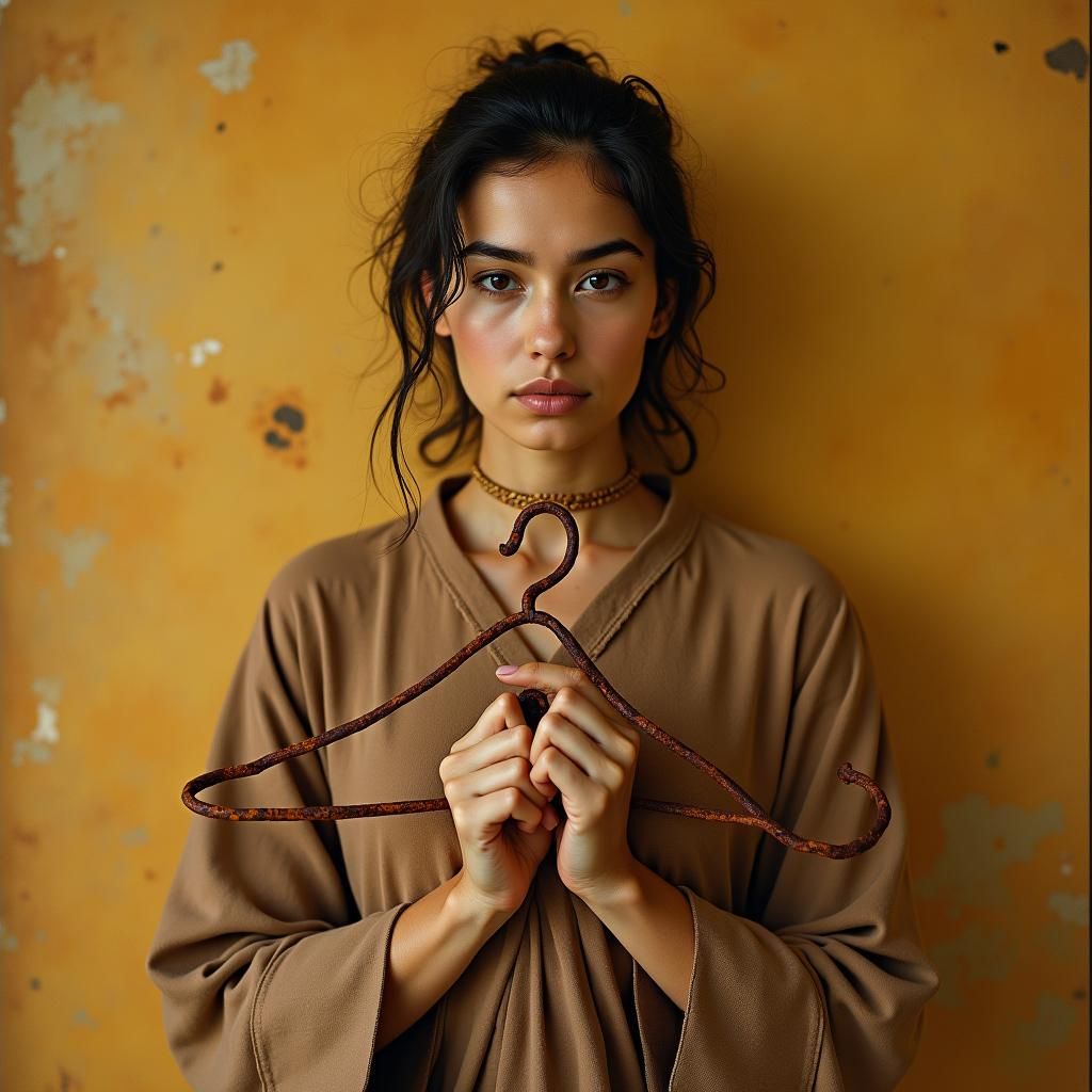 Woman Cradles Hanger in Surrealist Portrait