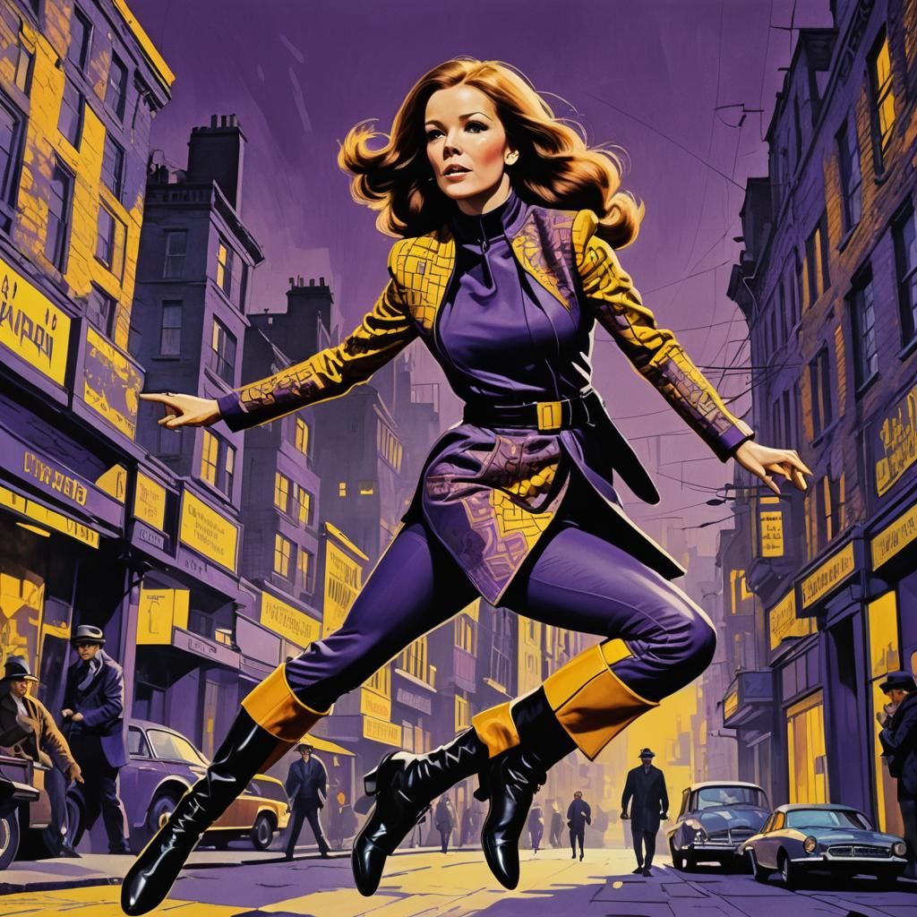 Emma Peel Leaping: 1960s Fantasy Concept Art