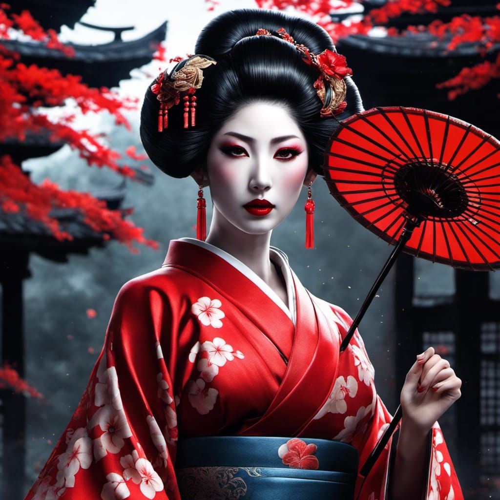 Beautiful Gothic Geisha Portrait in Splash Art Style