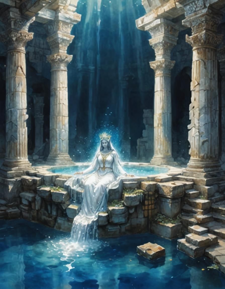 Bathing Priestess at Ancient Temple: Watercolour Art