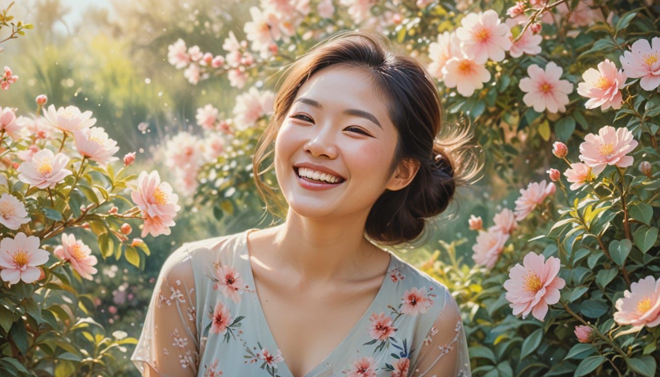 Laughing Woman in Garden: Impressionist Watercolor Painting