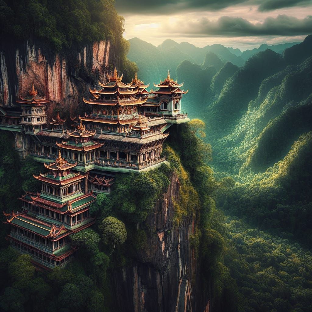 Cliffside Temple Complex Amidst Verdant Mountains