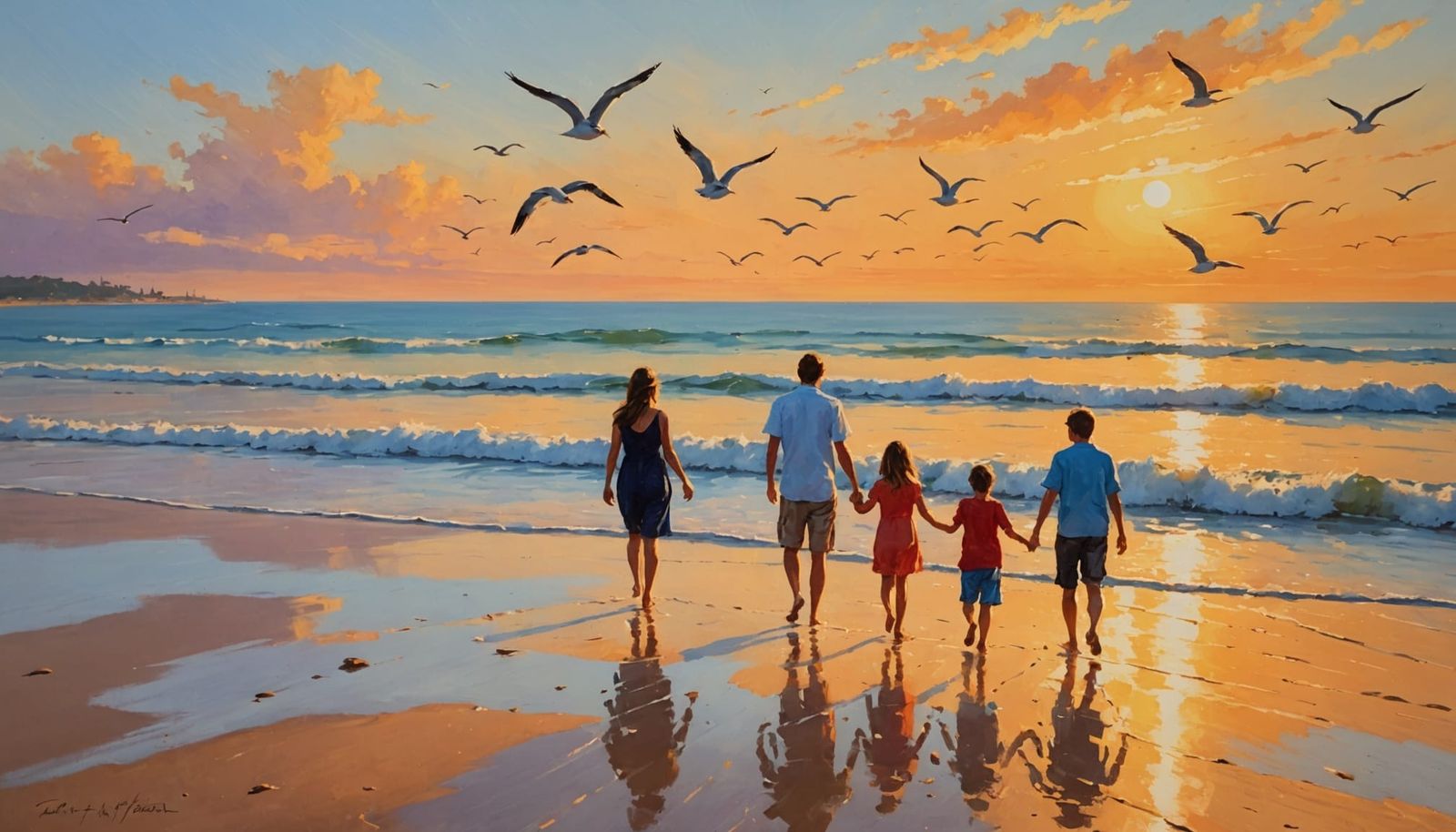 Impressionist Beach Scene at Sunset