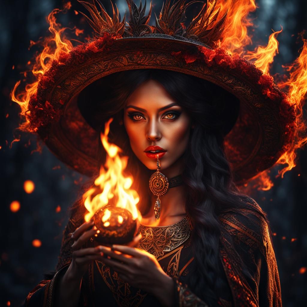 Fire Witch Portrait in Hyperrealistic 3D Render