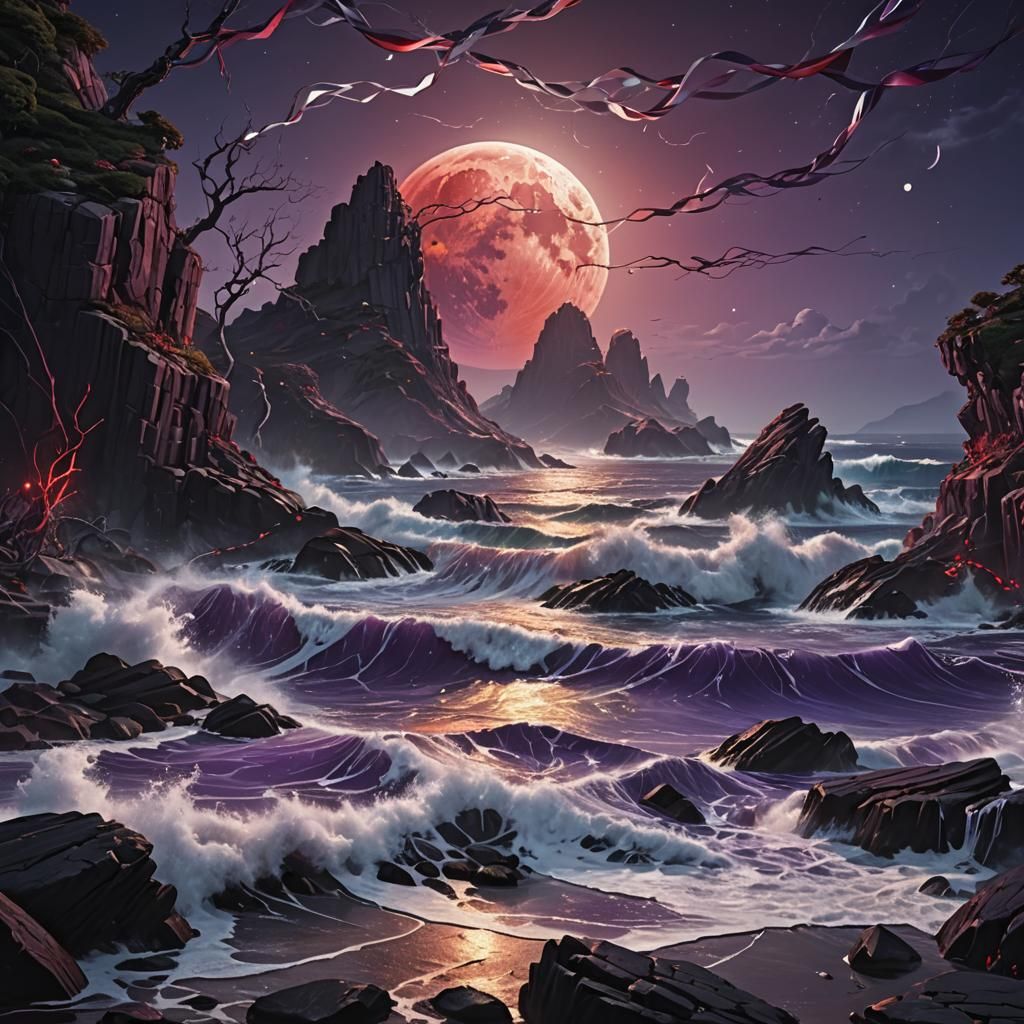 Red Moon Over Purple Ocean: Dark Fantasy Art