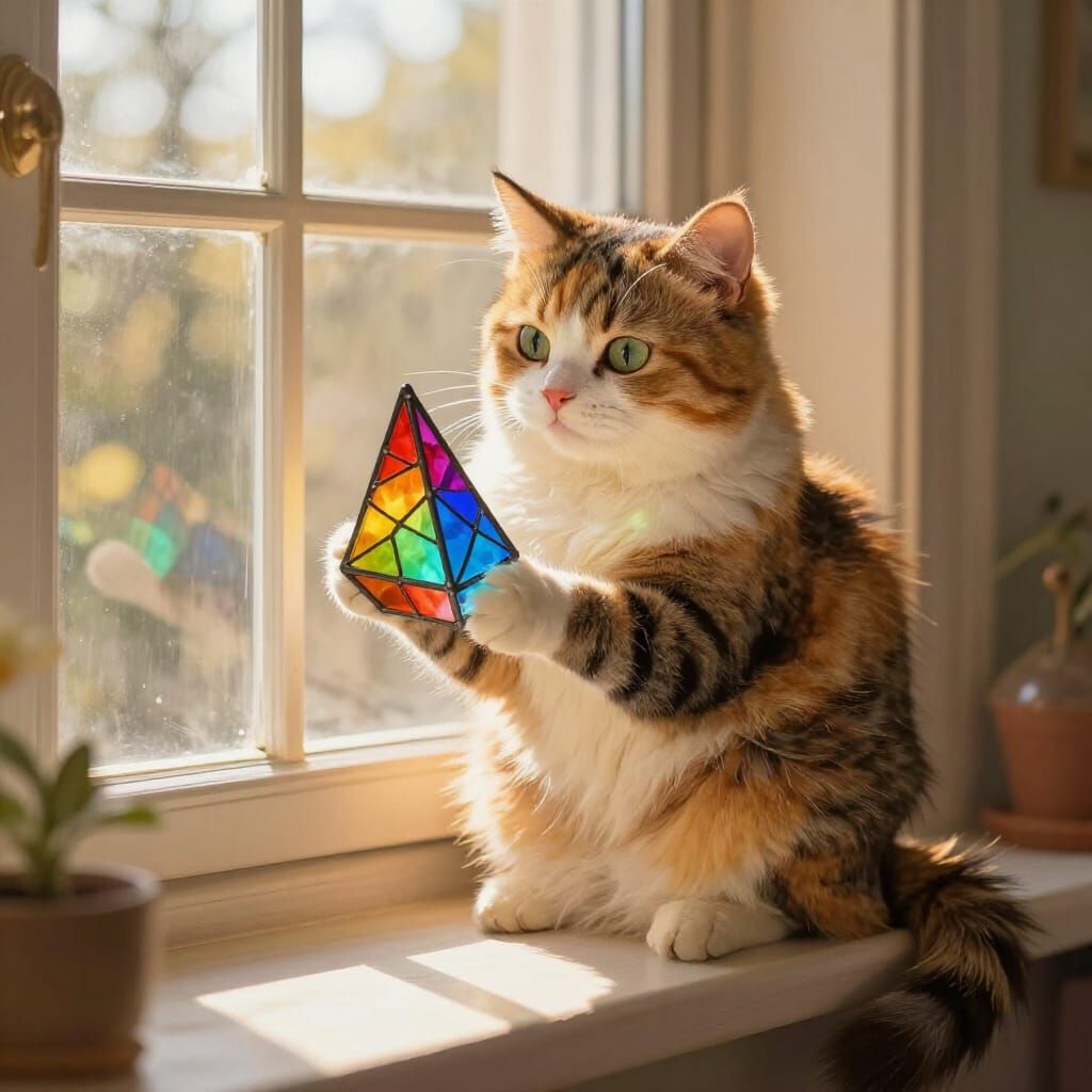 Fluffy Cat Plays With Stained Glass Sunlight
