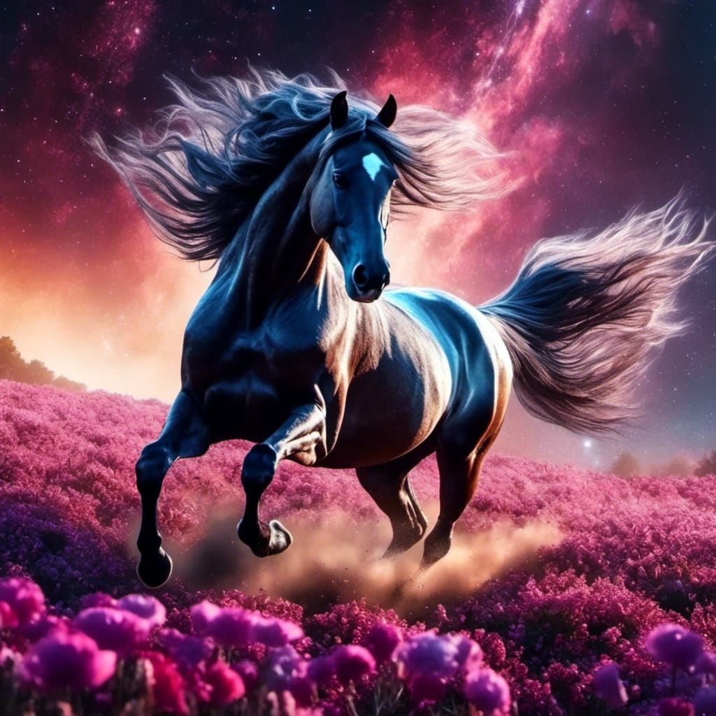 Cosmic Mare Galloping Through a Flower Field