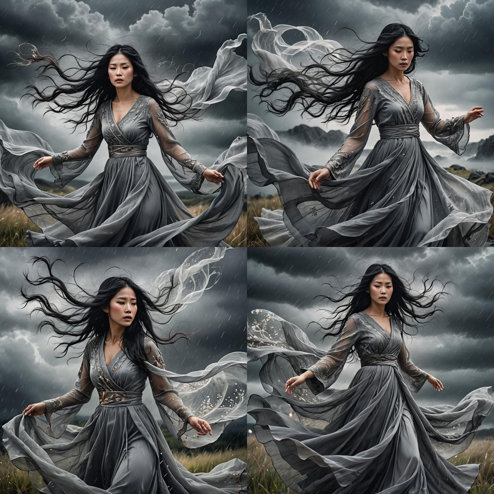 dreamscape an Asian woman in a gorgeously detailed grey dres...