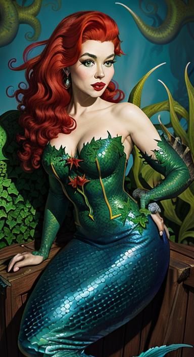 Poison Ivy Mermaid Portrait in Vargas Style