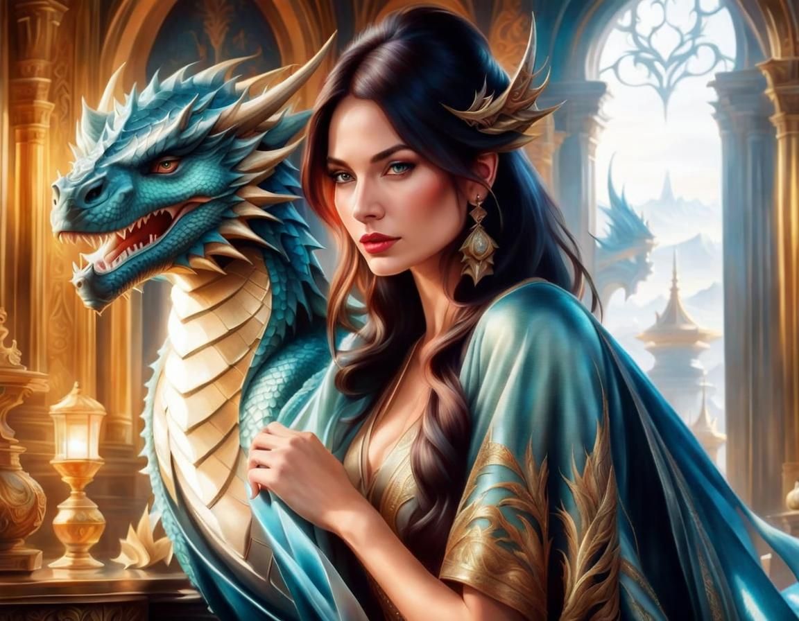 Fantasy Portrait of Woman with Dragon Pet
