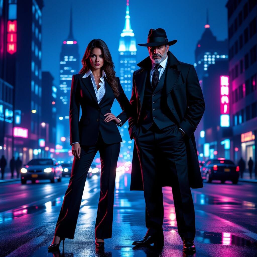 Stunning Female Detective and Partner on Neon City Poster