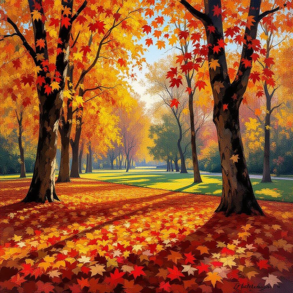 Autumn Leaves Fall in Parc de la Devesa Impressionistic Styl...