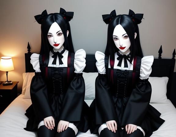 Gothic Kitsune Twins Kissing in Bedroom
