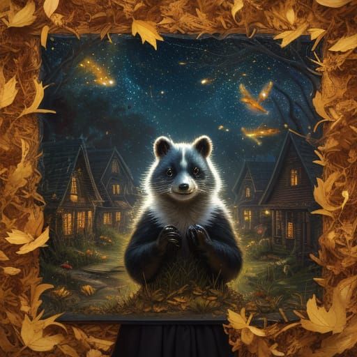 Cute Skunk Emerging From Autumn Leaves With Fireflies