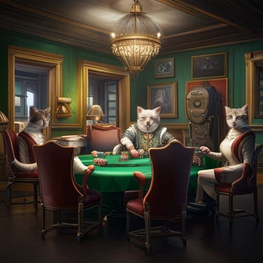 Cats Playing Poker in Detailed Matte Painting