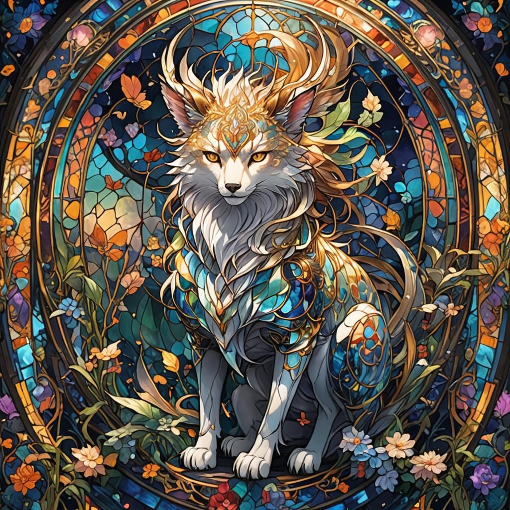 Enchanting Iridescent Animal in Stained Glass Anime Style