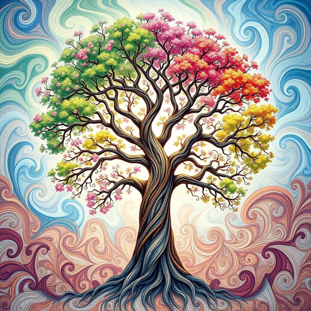 Abstract Tree in Vibrant, Swirling Patterns
