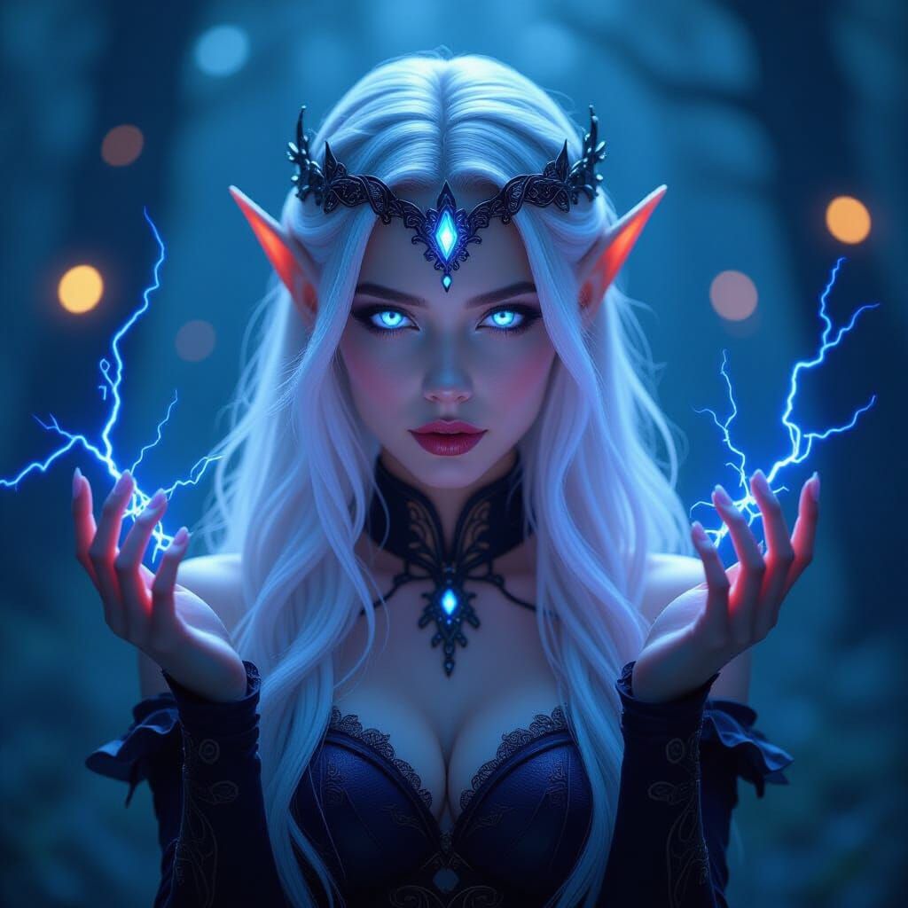 Enigmatic Elf with Lightning in Fantasy Art Style