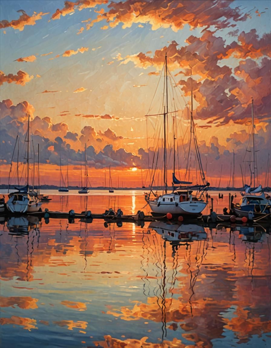 Sunset Sailing Boat Reflection in Oil Painting Style