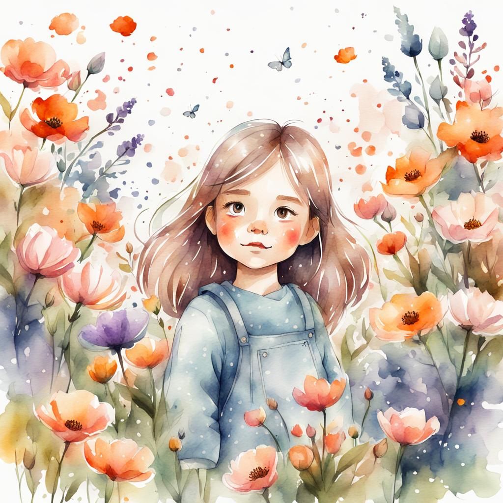 Cute Girl Surrounded by Flowers: Digital Watercolor Sketch
