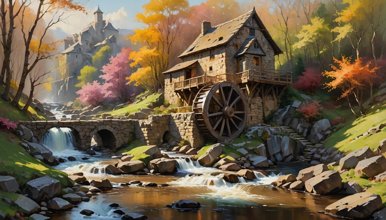 Medieval Waterwheel Cottage Amidst Spring Foliage