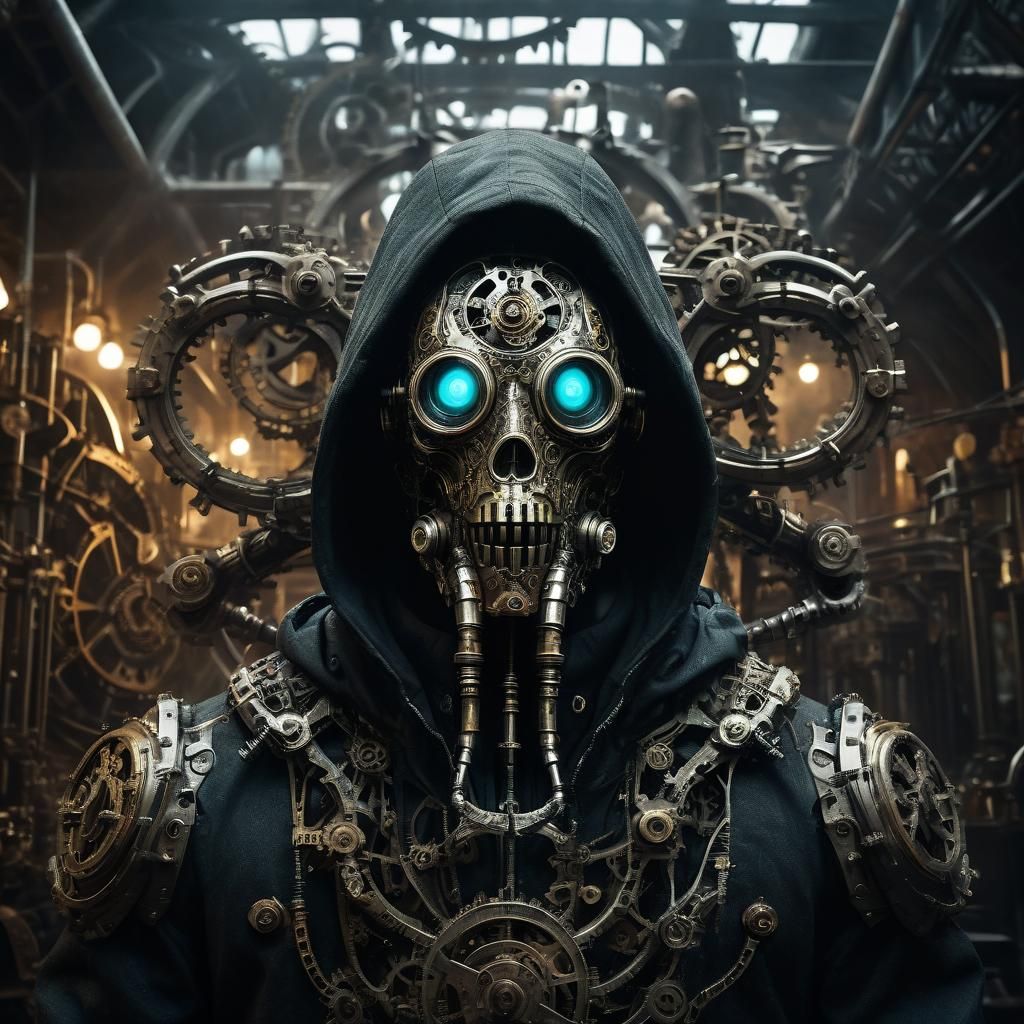 Steampunk Horror: Clockwork Guardian in Eerie Light