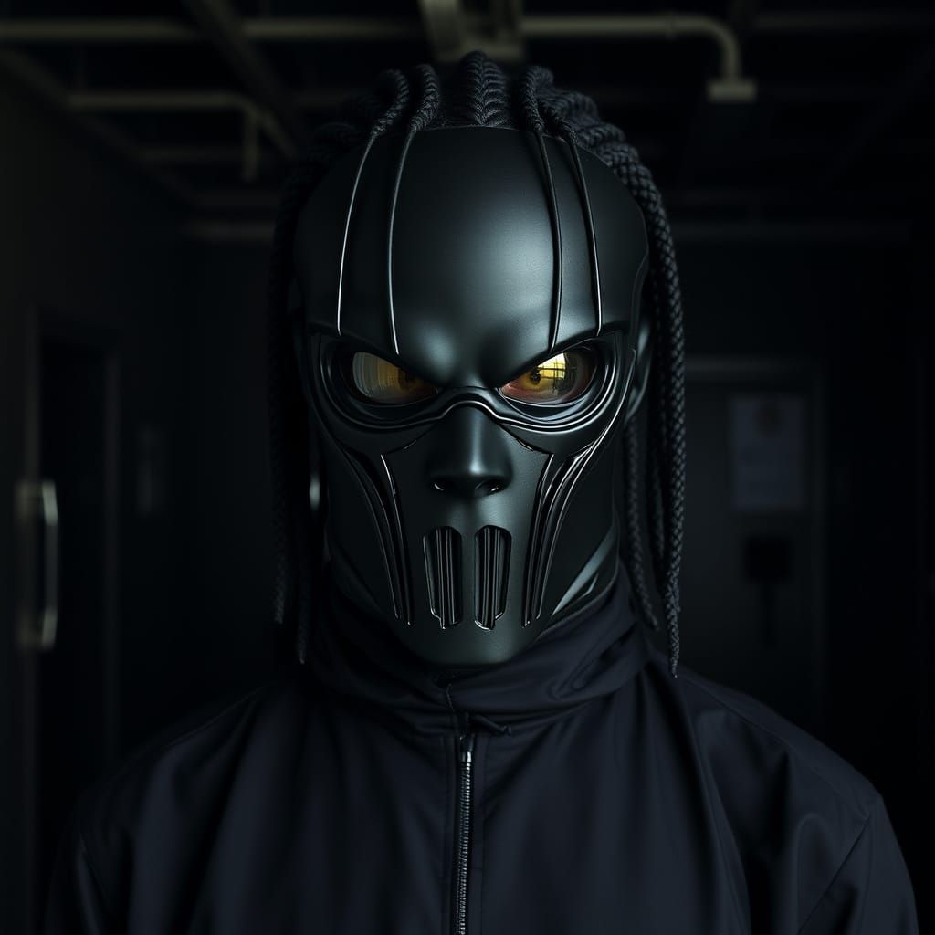 Dark Figure with Mask in Giger-Inspired Style