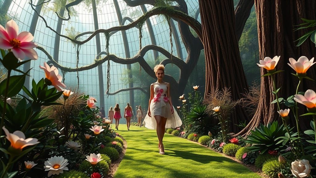 Surreal Botanical Garden Runway Show in Dreamlike Fantasy St...