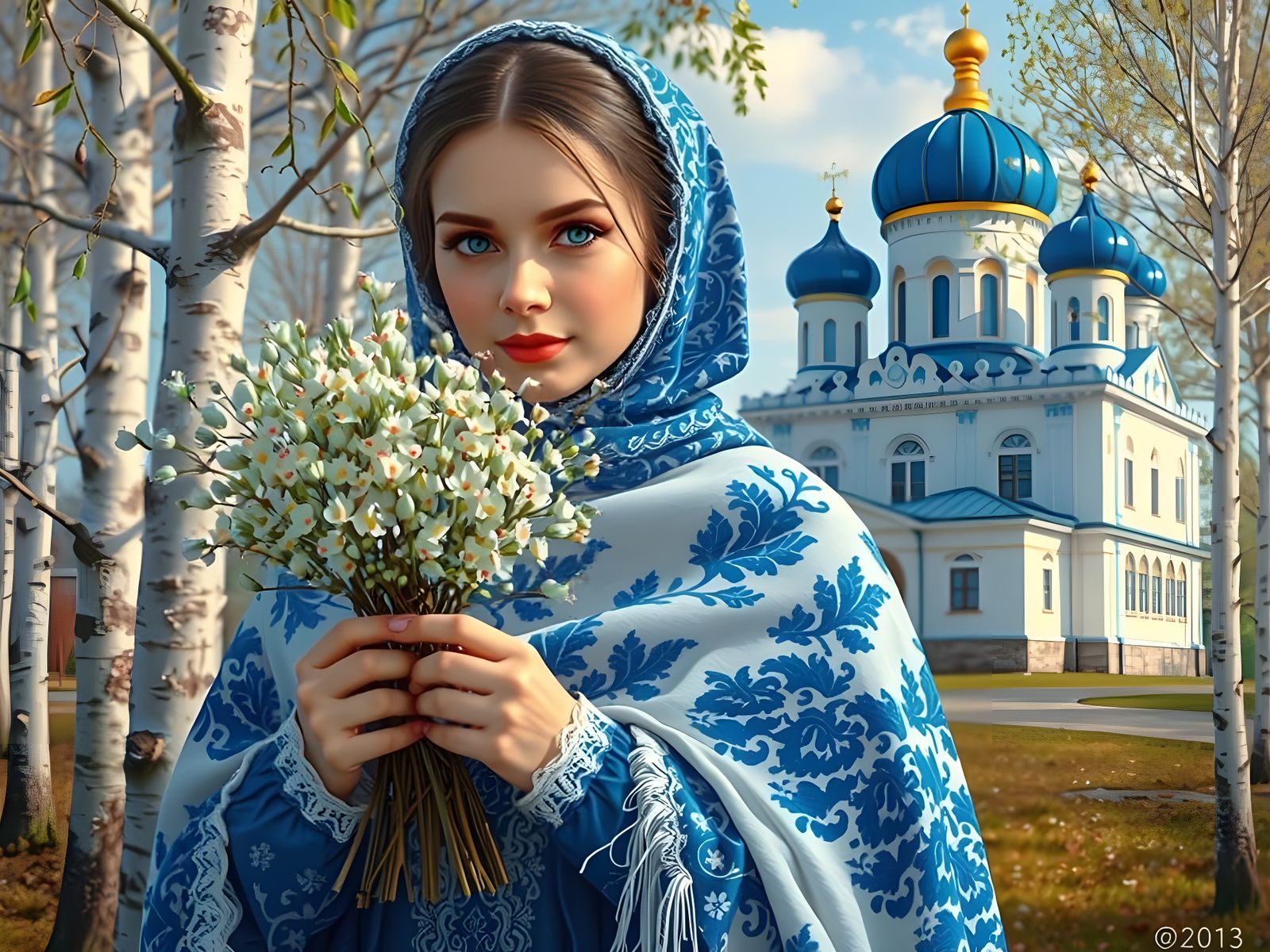 Russian Girl in Traditional Shawl amidst Spring Landscape