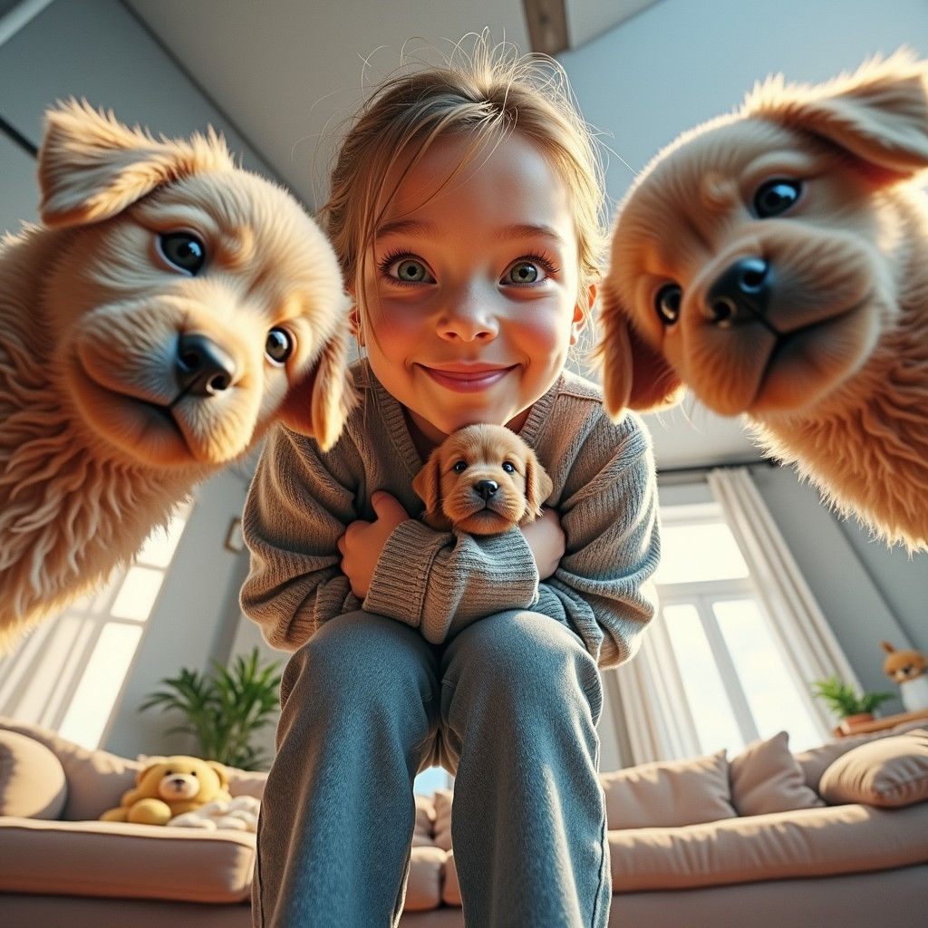 Child with Puppies: Photorealistic Cinematic View