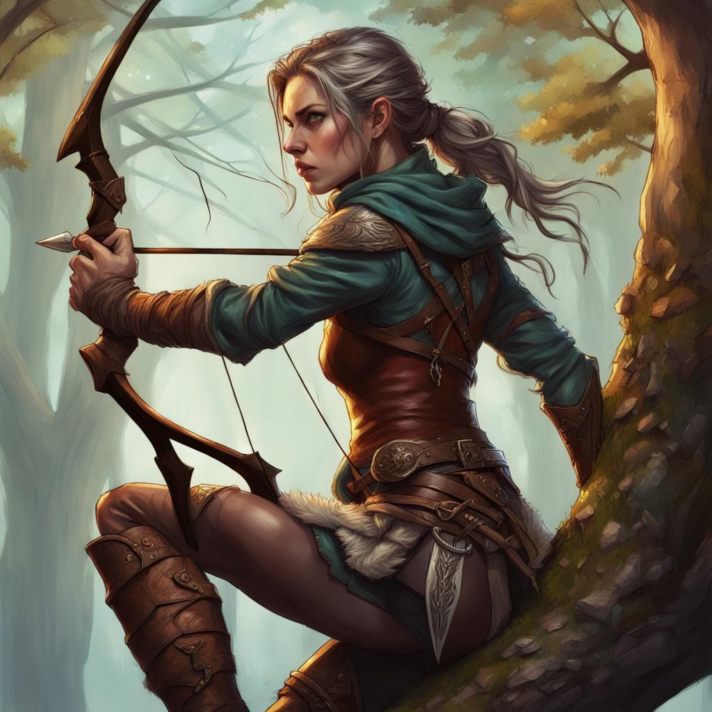 Half-Elf Rogue Drawing Bow in Tree