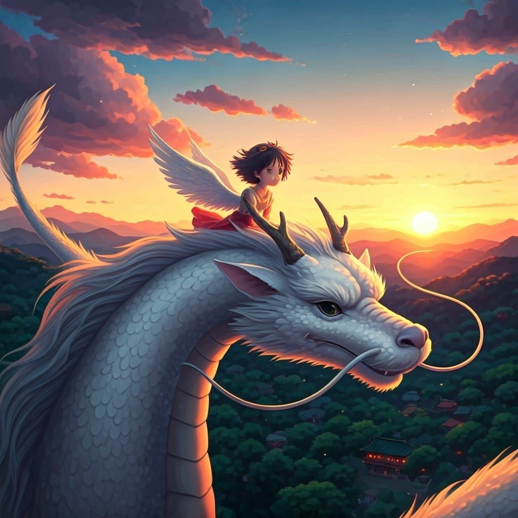 Angel Princess Rides Dragon: Ghibli Anime Sunset