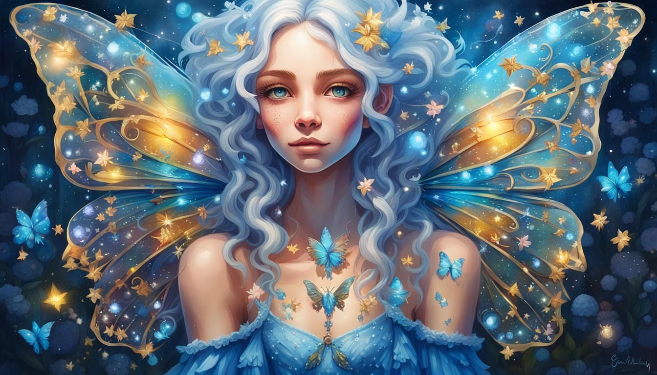 Smiling Fairy with Crystal Wings in Graffiti Art Style