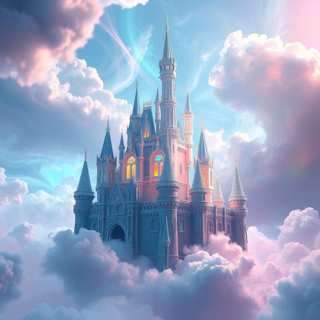 Floating Crystal Castle in Iridescent Clouds