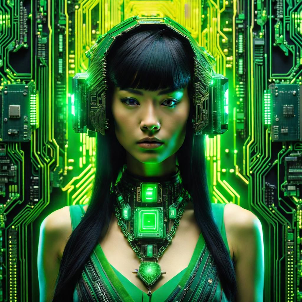 Woman Adorned in Sci-Fi Computer Component Jewelry
