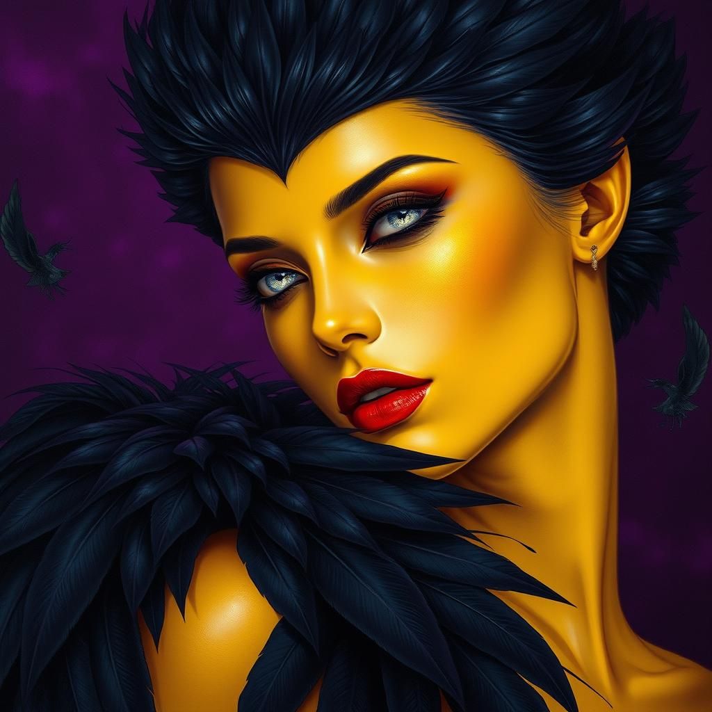 Feathered Woman with Silver Eyes in Matte Painting Style