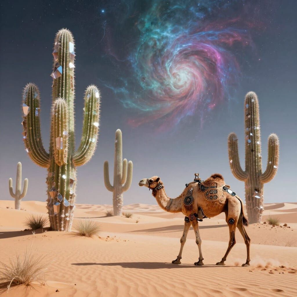 Surreal Crystalline Cacti Under Nebula Sky