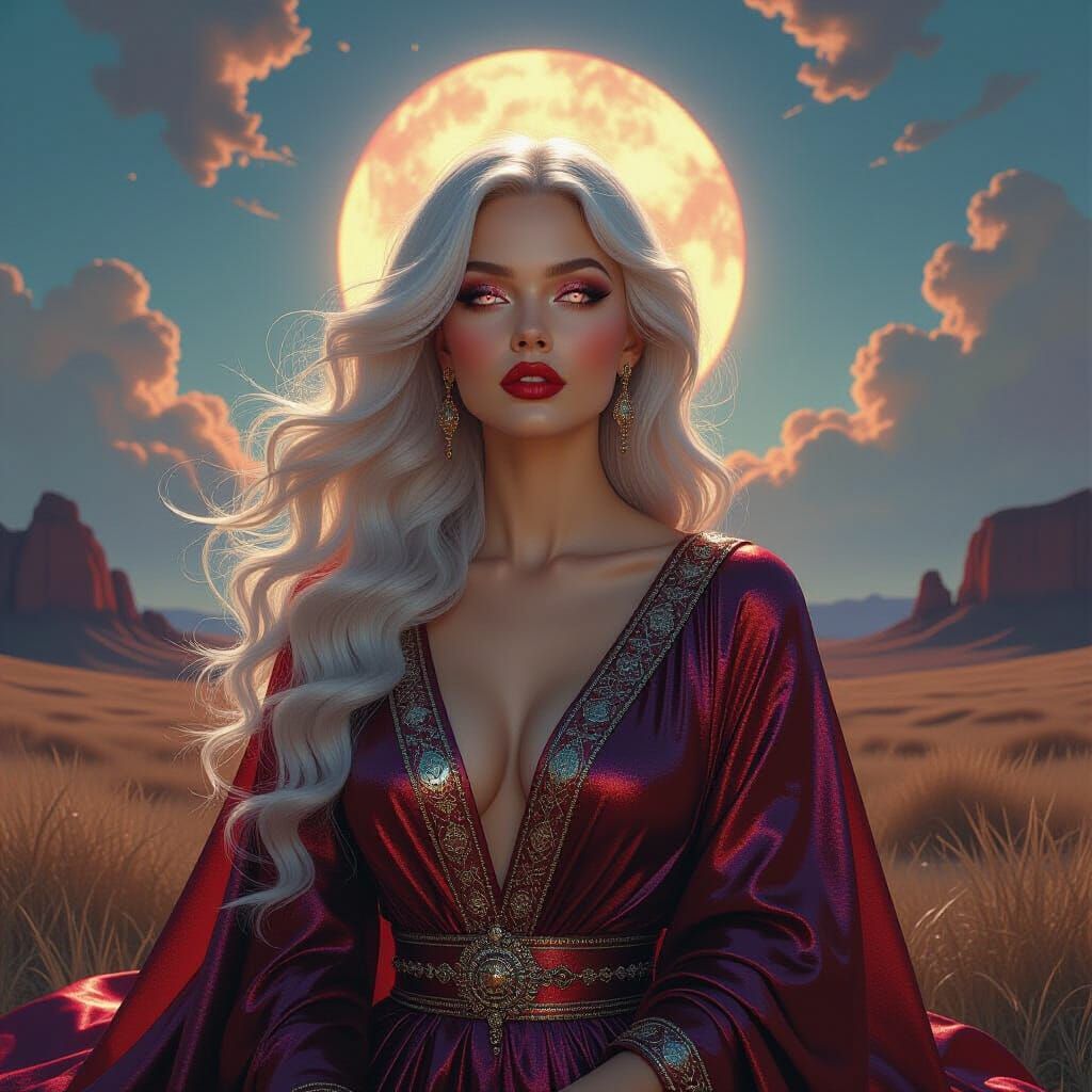 Crimson Venusian Woman in Ethereal Robes